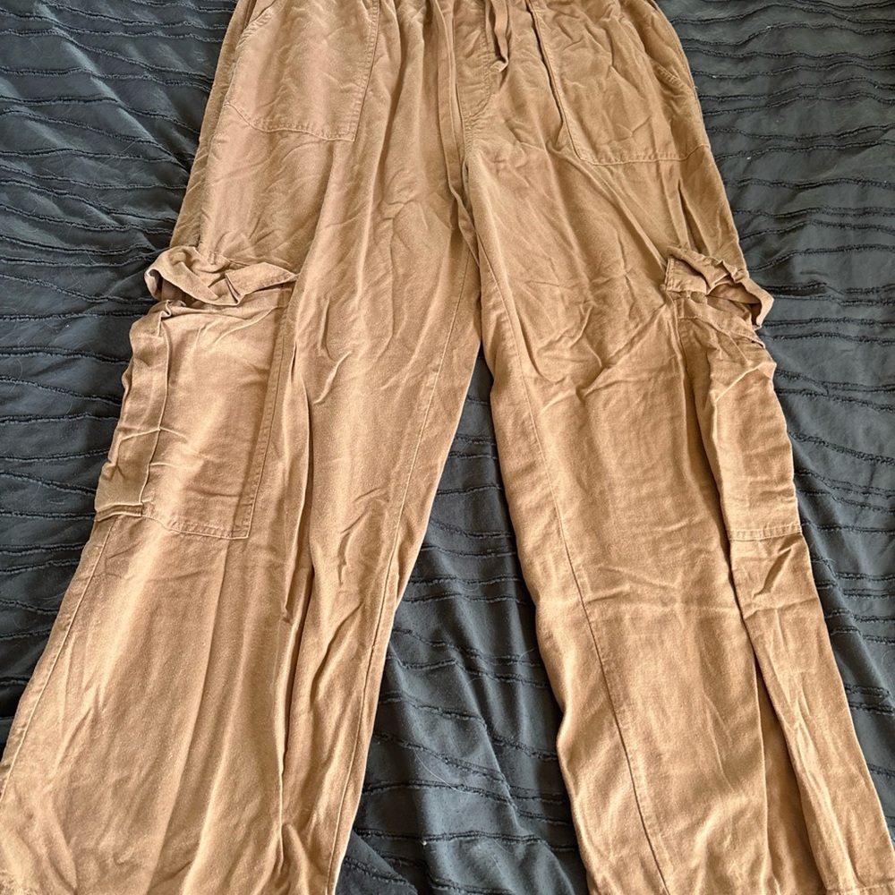 Women's Tan Linen Cargo Pants